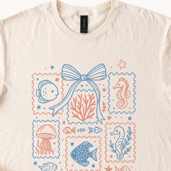 Ocean Life Stamp T Shirt Marine Animals Tee Fish Seahorse Jellyfish Design - Picture 2 of 6